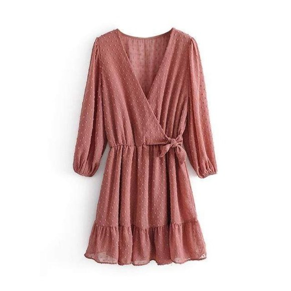 2020 Spring Sweet Women Pink Mini Dress Three Quarter Puff Sleeve V Neck Ruffles - Picture 1 of 5